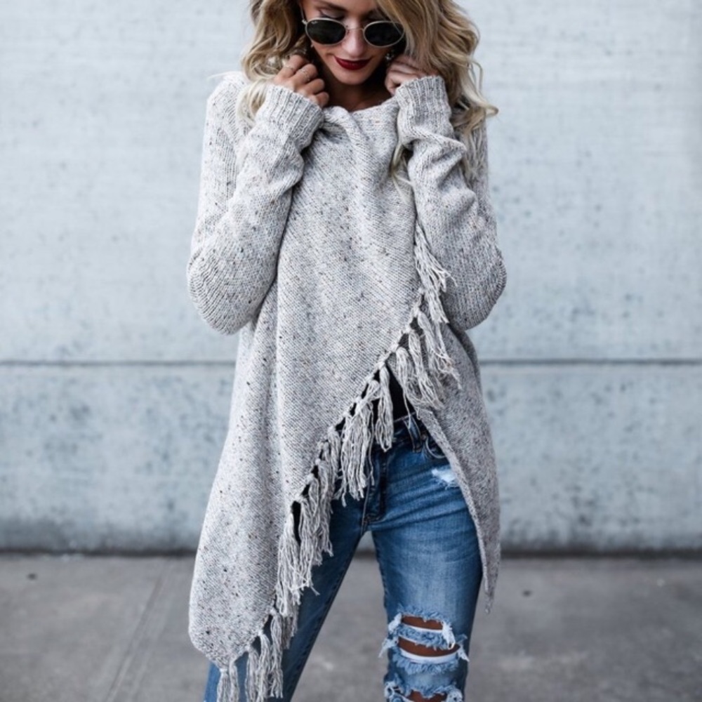 Fringe Trim Wrap Style Marled Cardigan Sweater - Picture 6 of 7